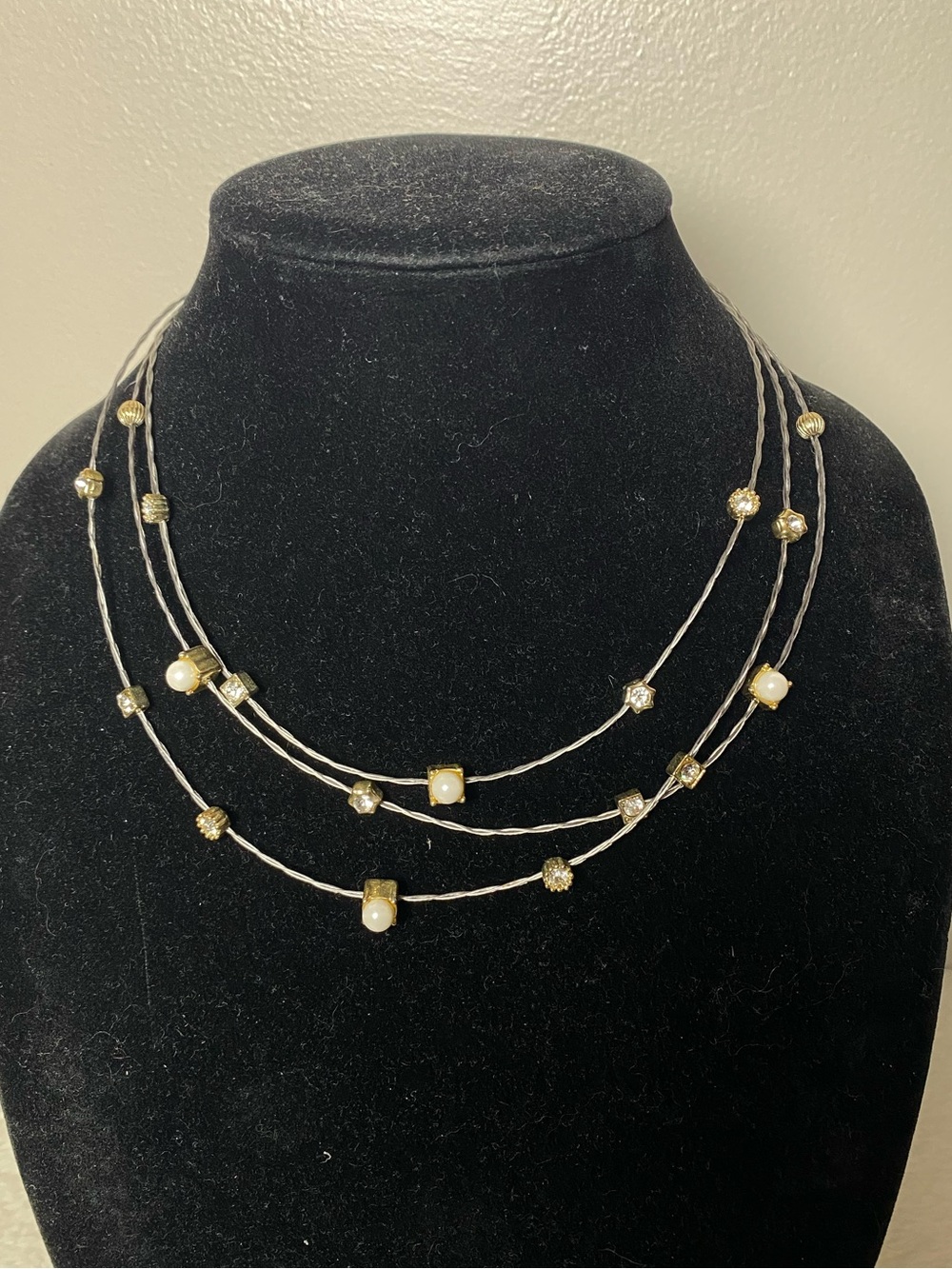 Multi-Strand Pearl & Crystal Layered Wire Necklace 14in